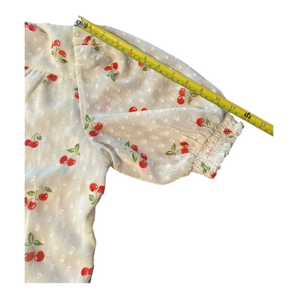 Joie Cherry Print Swiss Dot Peasant Blouse L Sheer Smocked Waist Cottage Flirty - Picture 8 of 16